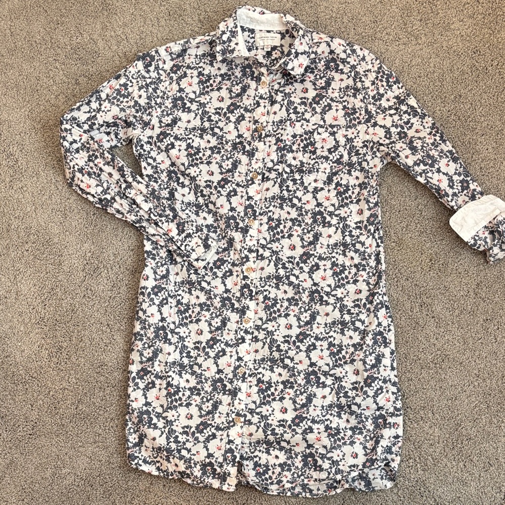 Women's Floral Button-Down Shirt Dress - White with Navy & Red Accents